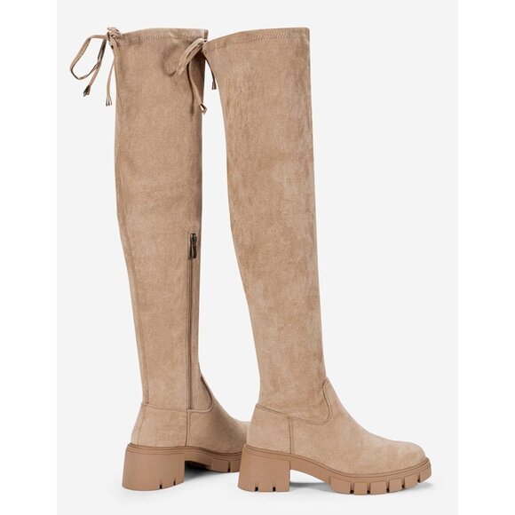 Women's Platform Boots-990-sand Over The Knee Thigh High Round Toe Long Boot - Picture 7 of 8